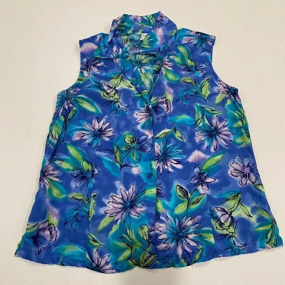 Bentley Floral Sleeveless Button Front Blouse Blue Green Watercolor Print Women’
